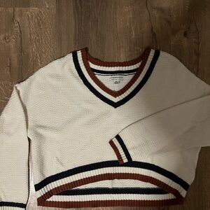 Cream V-Neck Striped Collar Sweater
